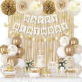 Ouddy Party White and Gold Birthday Decorations Kit – 58 Pieces Including Confetti Balloons, Butterfly Decor, Banner, and Fringe Curtain