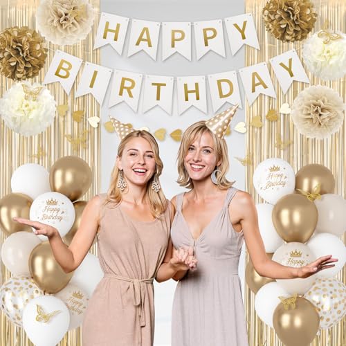 Ouddy Party White and Gold Birthday Decorations Kit – 58 Pieces Including Confetti Balloons, Butterfly Decor, Banner, and Fringe Curtain