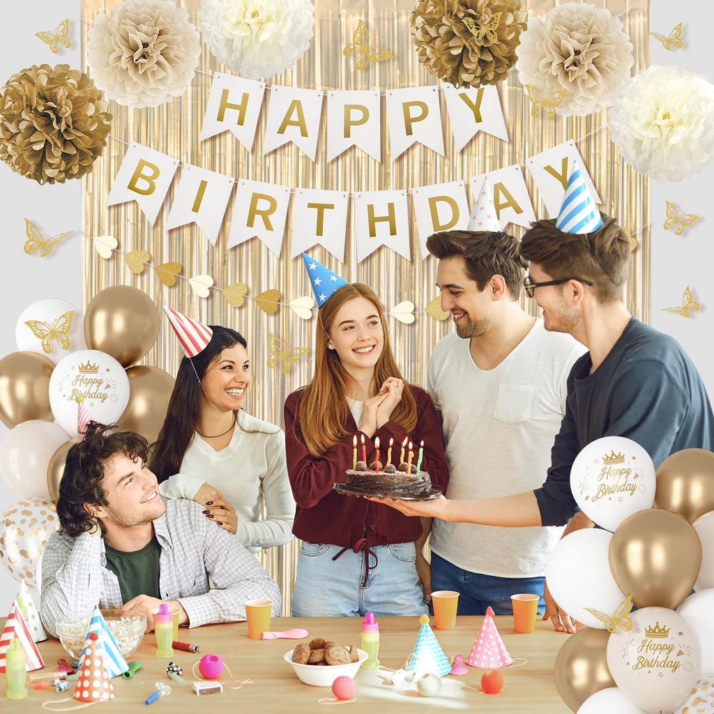 Ouddy Party White and Gold Birthday Decorations Kit – 58 Pieces Including Confetti Balloons, Butterfly Decor, Banner, and Fringe Curtain