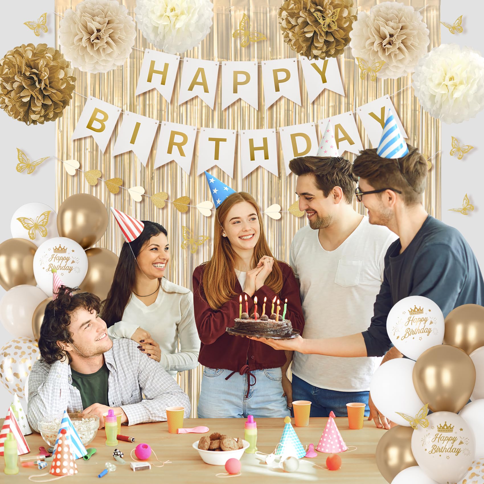 Ouddy Party White and Gold Birthday Decorations Kit – 58 Pieces Including Confetti Balloons, Butterfly Decor, Banner, and Fringe Curtain
