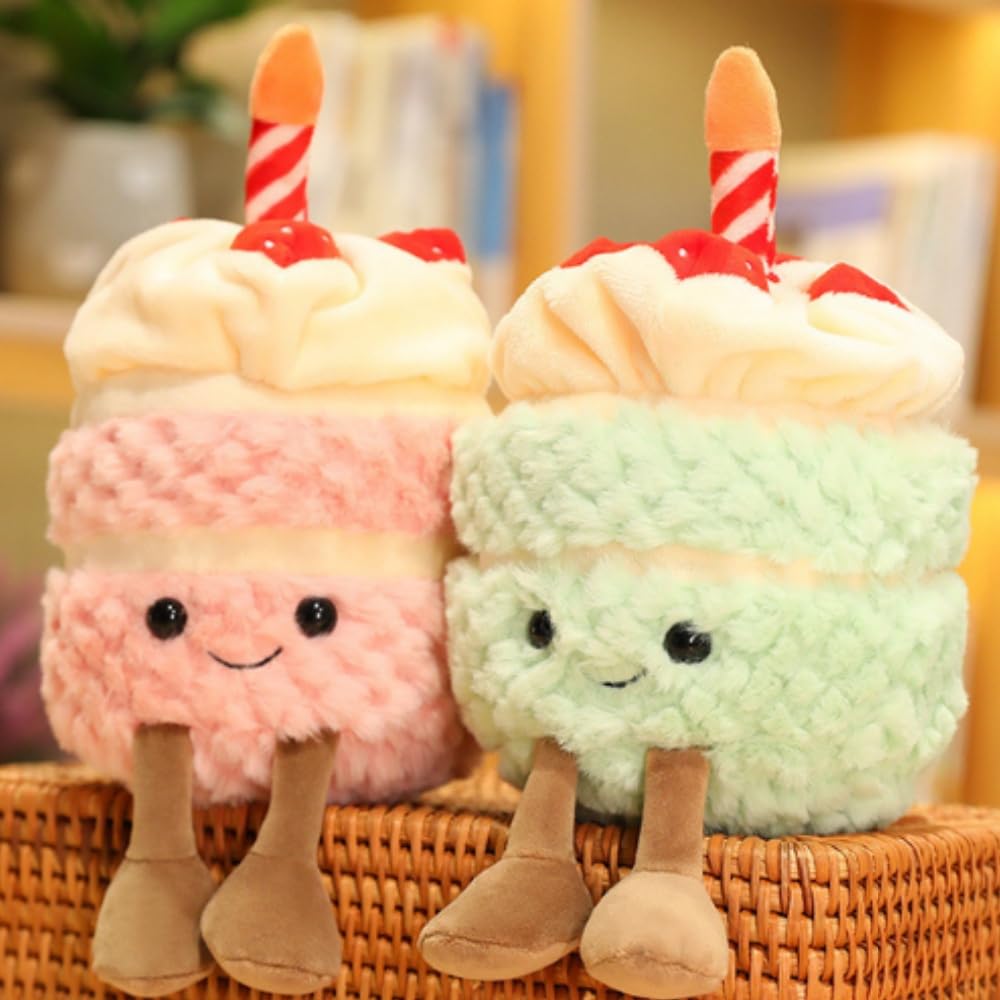 OUKEYI 28cm Pink Birthday Cake Plush Toy - Soft Smile Cake Pillow Stuffed Animal