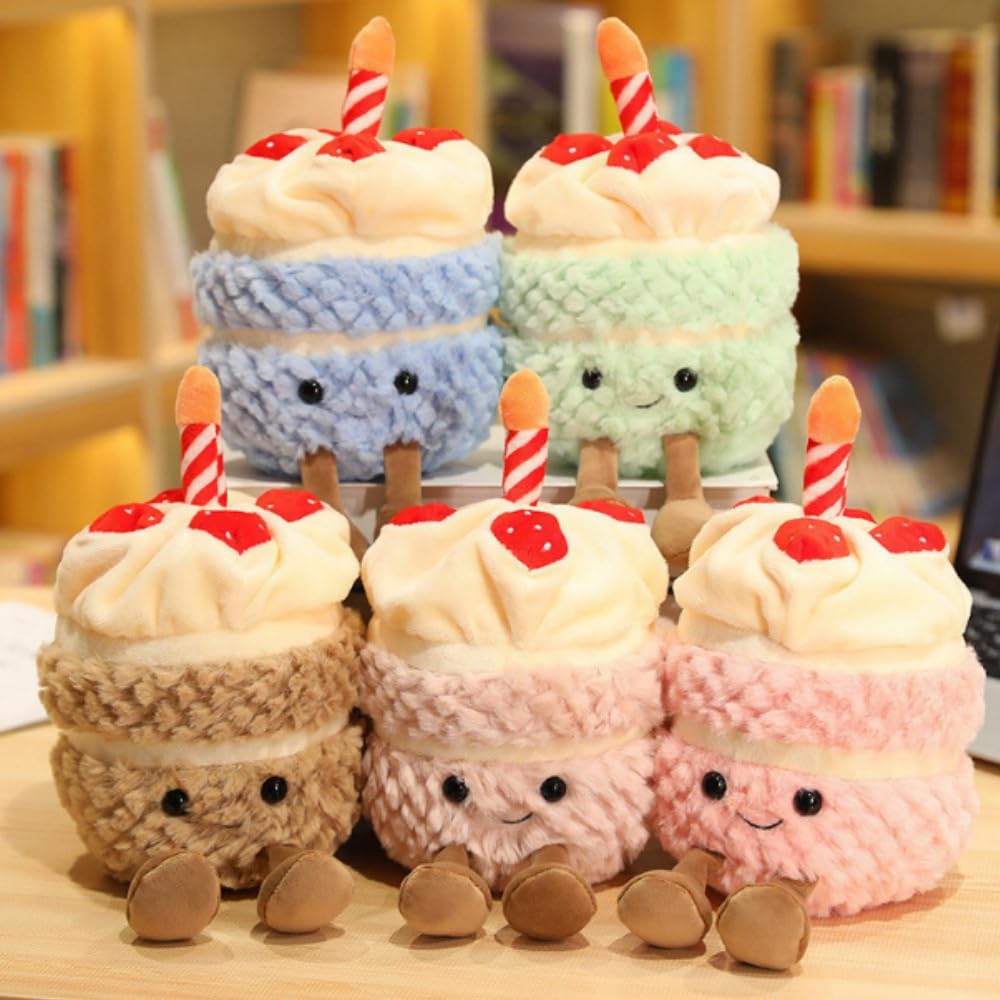 OUKEYI 28cm Pink Birthday Cake Plush Toy - Soft Smile Cake Pillow Stuffed Animal
