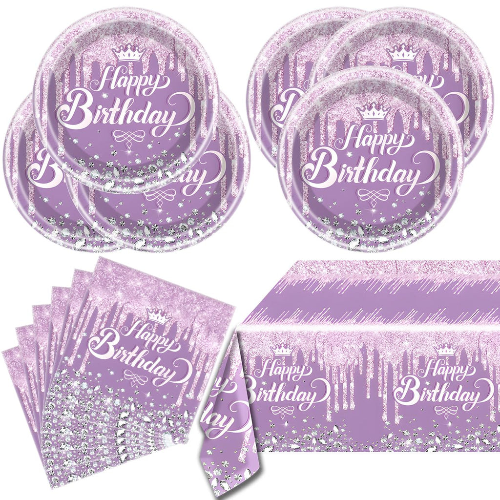 OULUN Purple Glitter Diamond Birthday Party Tableware Set – 20 Plates, 20 Napkins, and Tablecloth