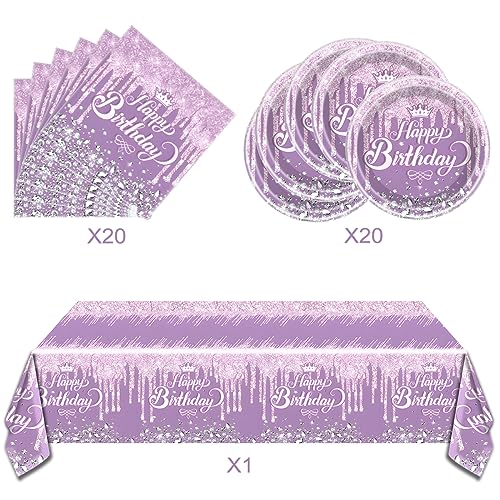 OULUN Purple Glitter Diamond Birthday Party Tableware Set – 20 Plates, 20 Napkins, and Tablecloth