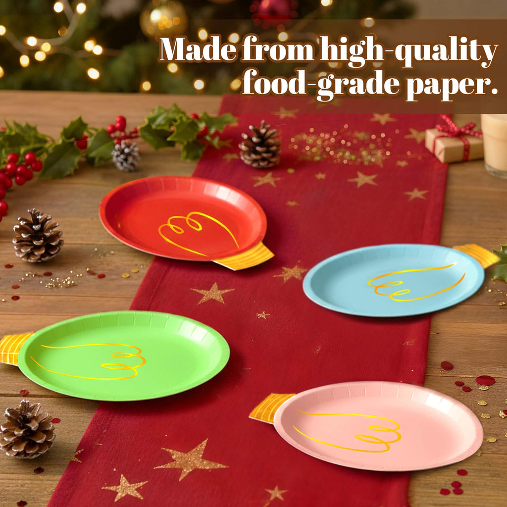 OuMuaMua 100-Piece Christmas Party Plates Set - Heavy Duty Disposable Dinnerware with Light Bulb Design and Gold Foil, Serve 50 Guests