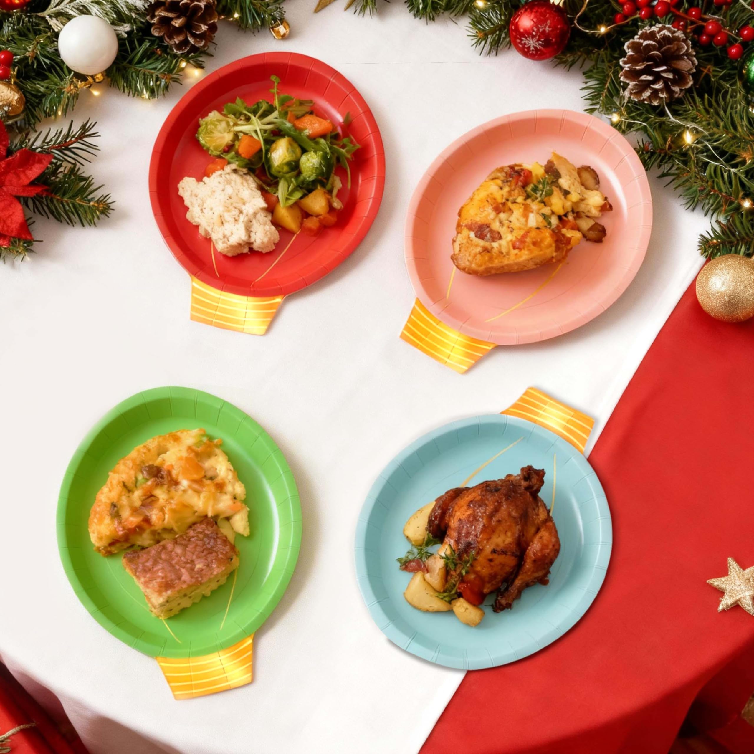 OuMuaMua 100-Piece Christmas Party Plates Set - Heavy Duty Disposable Dinnerware with Light Bulb Design and Gold Foil, Serve 50 Guests