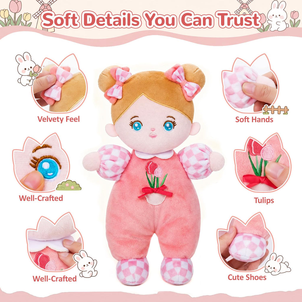 OUOZZZ Soft Baby Doll 10" Tulip Pink – Cuddly First Birthday Gift for 1 Year Old Girl