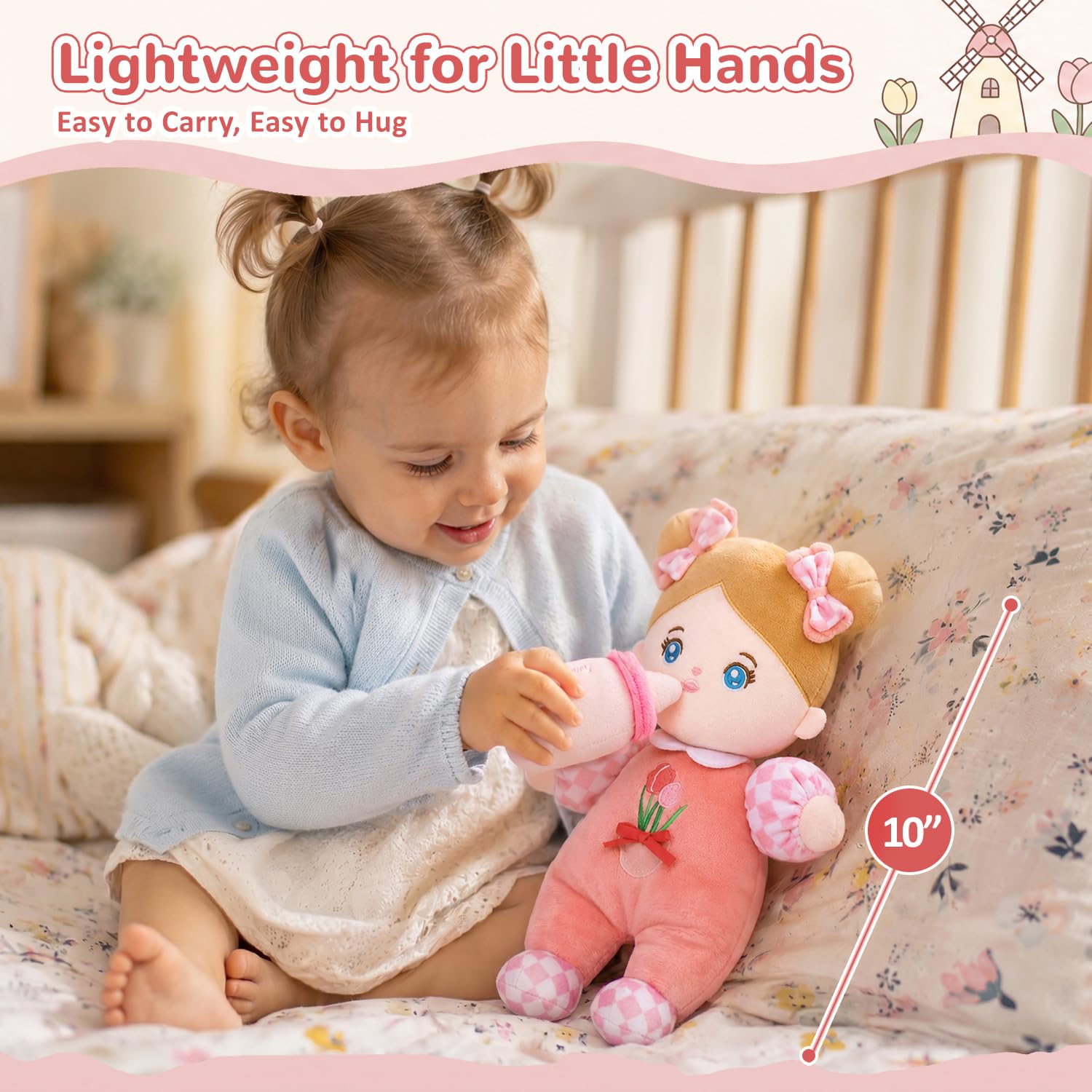 OUOZZZ Soft Baby Doll 10" Tulip Pink – Cuddly First Birthday Gift for 1 Year Old Girl