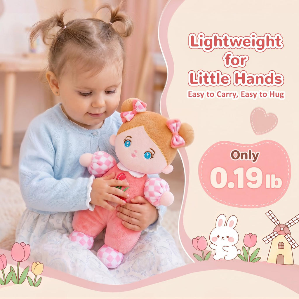 OUOZZZ Soft Baby Doll 10" Tulip Pink – Cuddly First Birthday Gift for 1 Year Old Girl