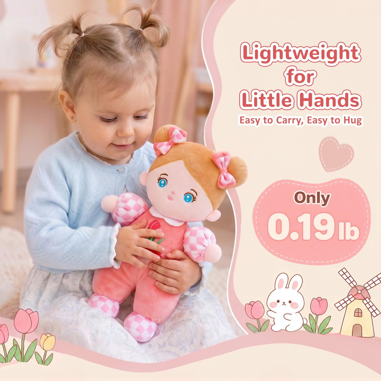 OUOZZZ Soft Baby Doll 10" Tulip Pink – Cuddly First Birthday Gift for 1 Year Old Girl