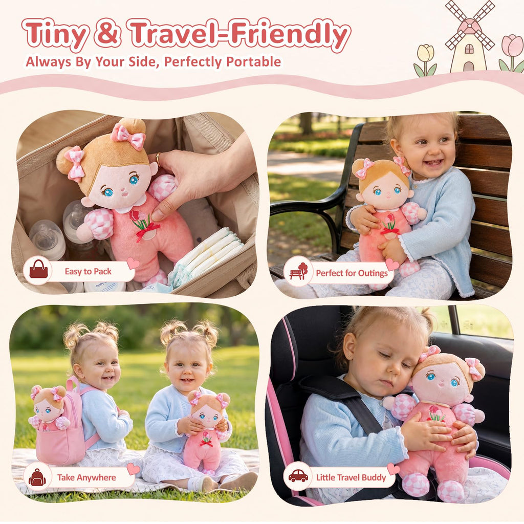OUOZZZ Soft Baby Doll 10" Tulip Pink – Cuddly First Birthday Gift for 1 Year Old Girl