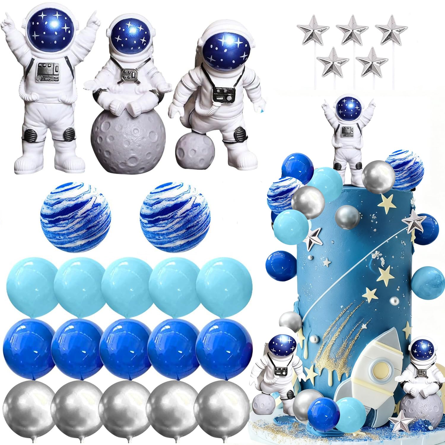 Outer Space Cake Toppers Set – Astronaut, Planet, Rocket Figurines for Birthday Party Decor