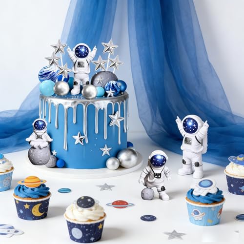 Outer Space Cake Toppers Set – Astronaut, Planet, Rocket Figurines for Birthday Party Decor