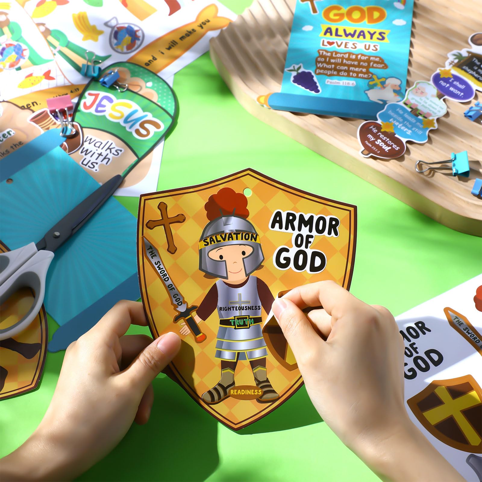 Outus 36-Pack Armor of God Sunday School Craft Kit for Kids - Bible Hanging Decor with Stickers and Ropes