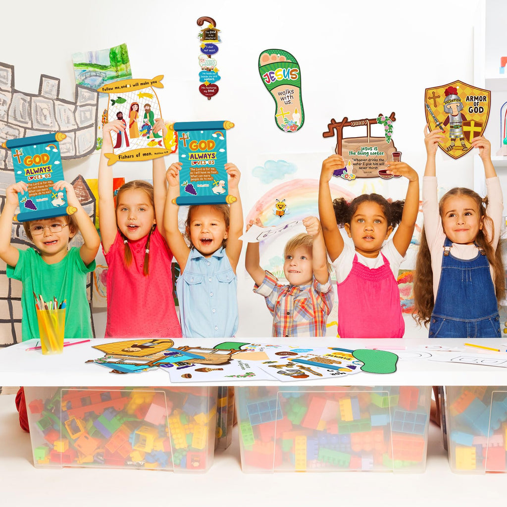 Outus 36-Pack Armor of God Sunday School Craft Kit for Kids - Bible Hanging Decor with Stickers and Ropes