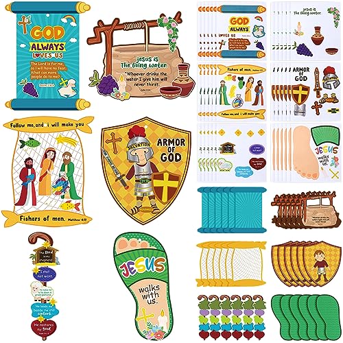 Outus 36-Pack Armor of God Sunday School Craft Kit for Kids - Bible Hanging Decor with Stickers and Ropes