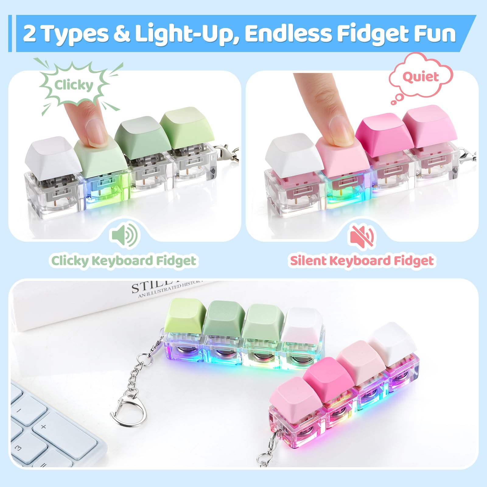 OUTXE 2 Pack Keyboard Fidget Toy – Light Up Clicky & Silent Keychain for Stress Relief and Focus