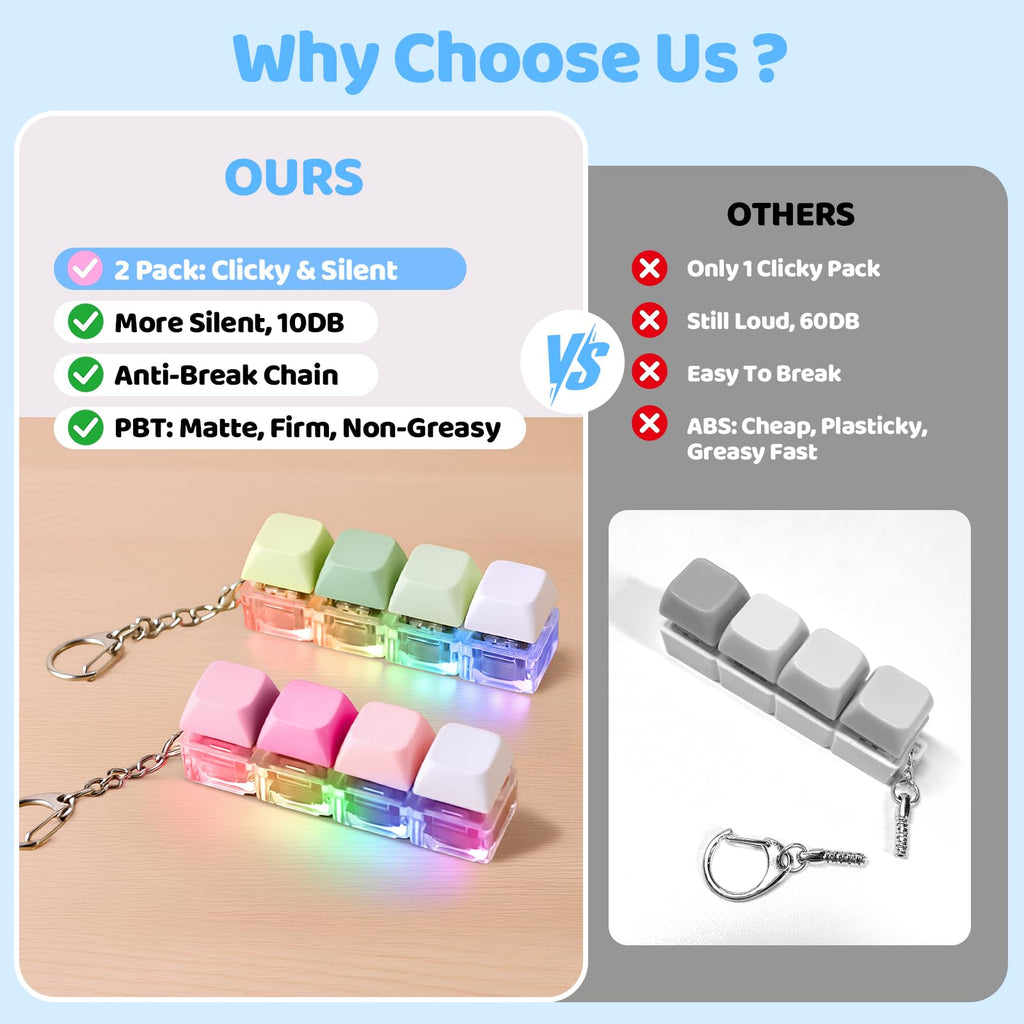 OUTXE 2 Pack Keyboard Fidget Toy – Light Up Clicky & Silent Keychain for Stress Relief and Focus