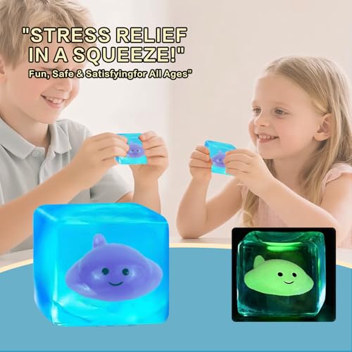 Ovemru Devil Fish Blue Slow-Rising Squishy Stress Cube with Glow-in-Dark Manta Ray - 5.5cm Maltose Filled Fidget Toy
