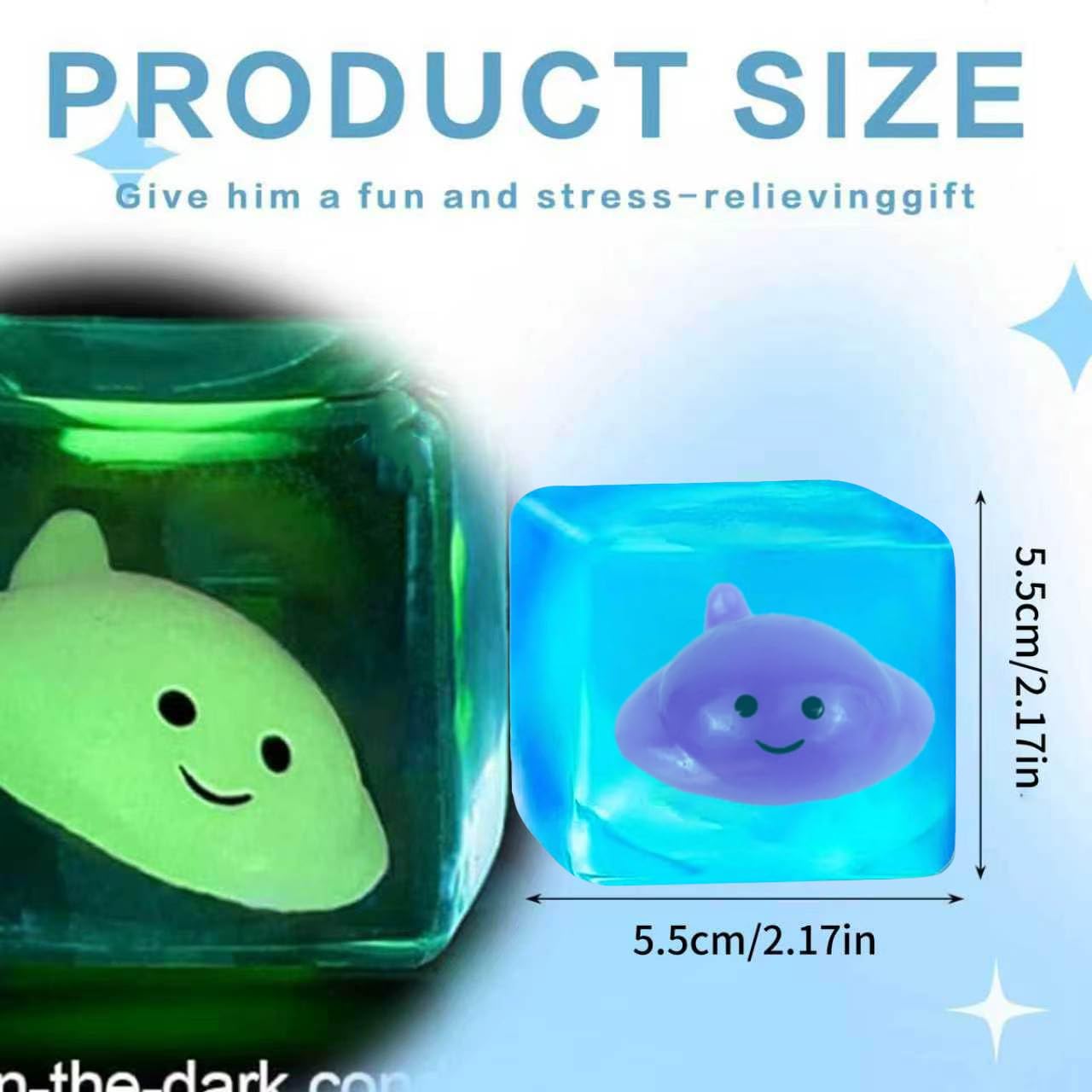 Ovemru Devil Fish Blue Slow-Rising Squishy Stress Cube with Glow-in-Dark Manta Ray - 5.5cm Maltose Filled Fidget Toy