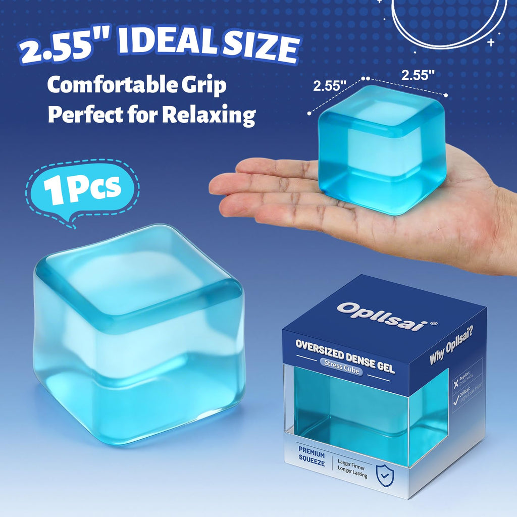Oversized Stress Cube 2.55 Inches - Firm Dense Gel Fidget Toy with Slow Rise - Leak-Proof Design for Adults & Teens