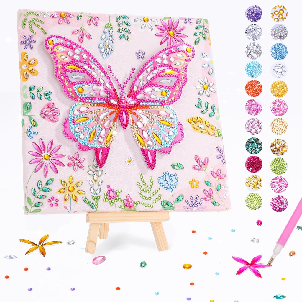 Ovveroche Butterfly Diamond Art Kit for Kids Ages 8-12 – 3D DIY Gem Painting with Stand, Pink