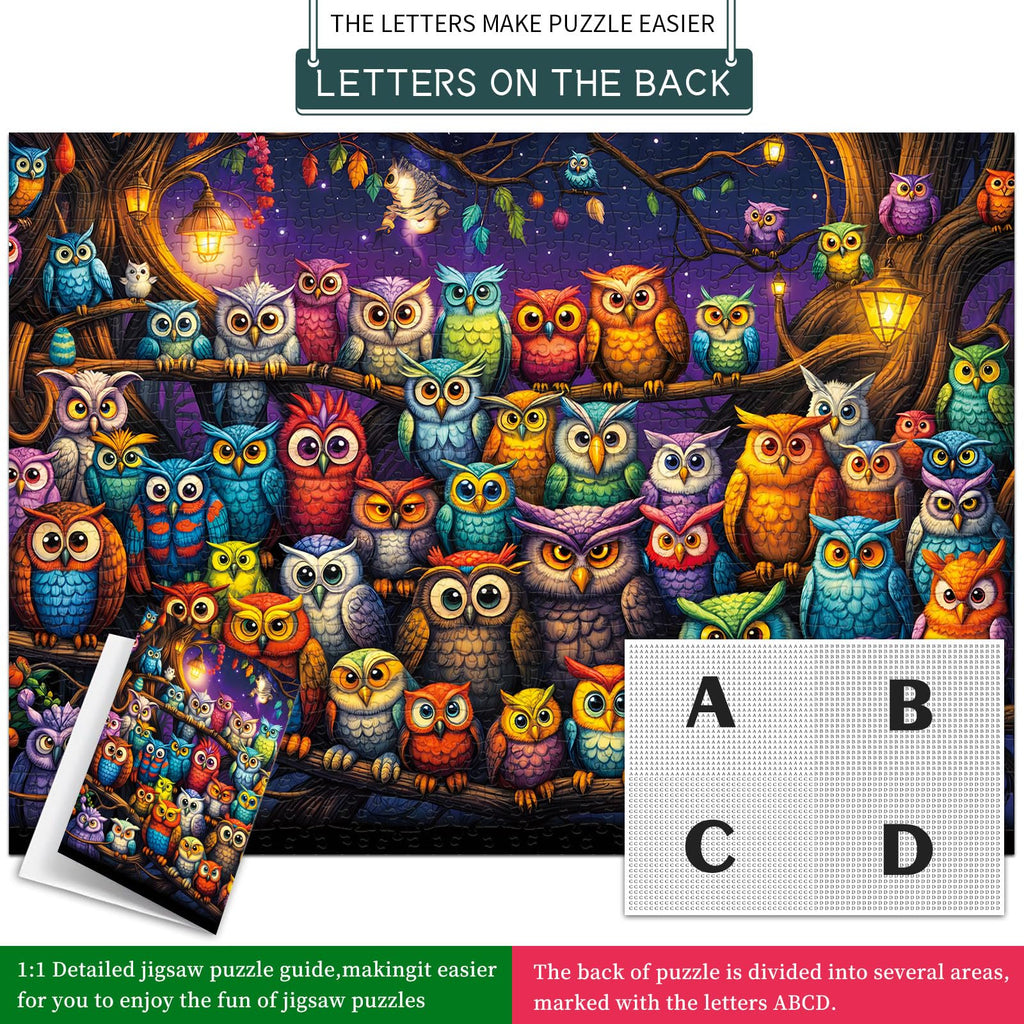 Owl Family 1000-Piece Jigsaw Puzzle with Letters on Back – Challenging Adult Puzzle by TangComplete (70 x 50 cm)