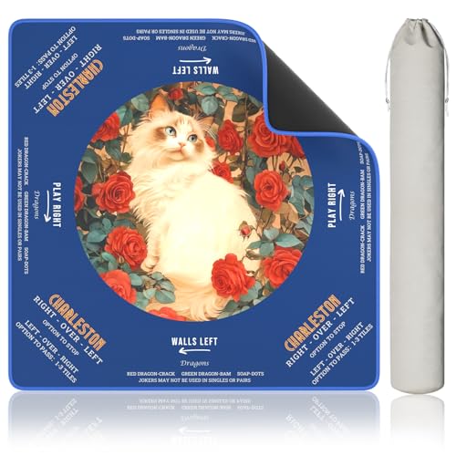 OWOOSNI 31.5 Inch Non-Slip Mahjong Mat with Vintage Cat and Rose Design, Foldable with Carrying Bag