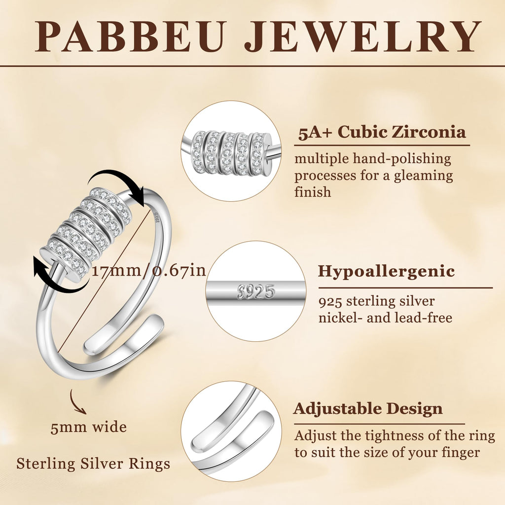 PABBEU Adjustable 925 Sterling Silver Fidget Ring with Cubic Zirconia – Spinner Ring for Women