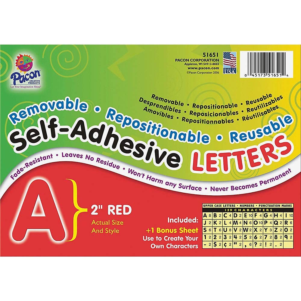 Pacon Reusable Self-Adhesive Vinyl Letters & Numbers – Red Puffy Font 2 Inch Set of 159