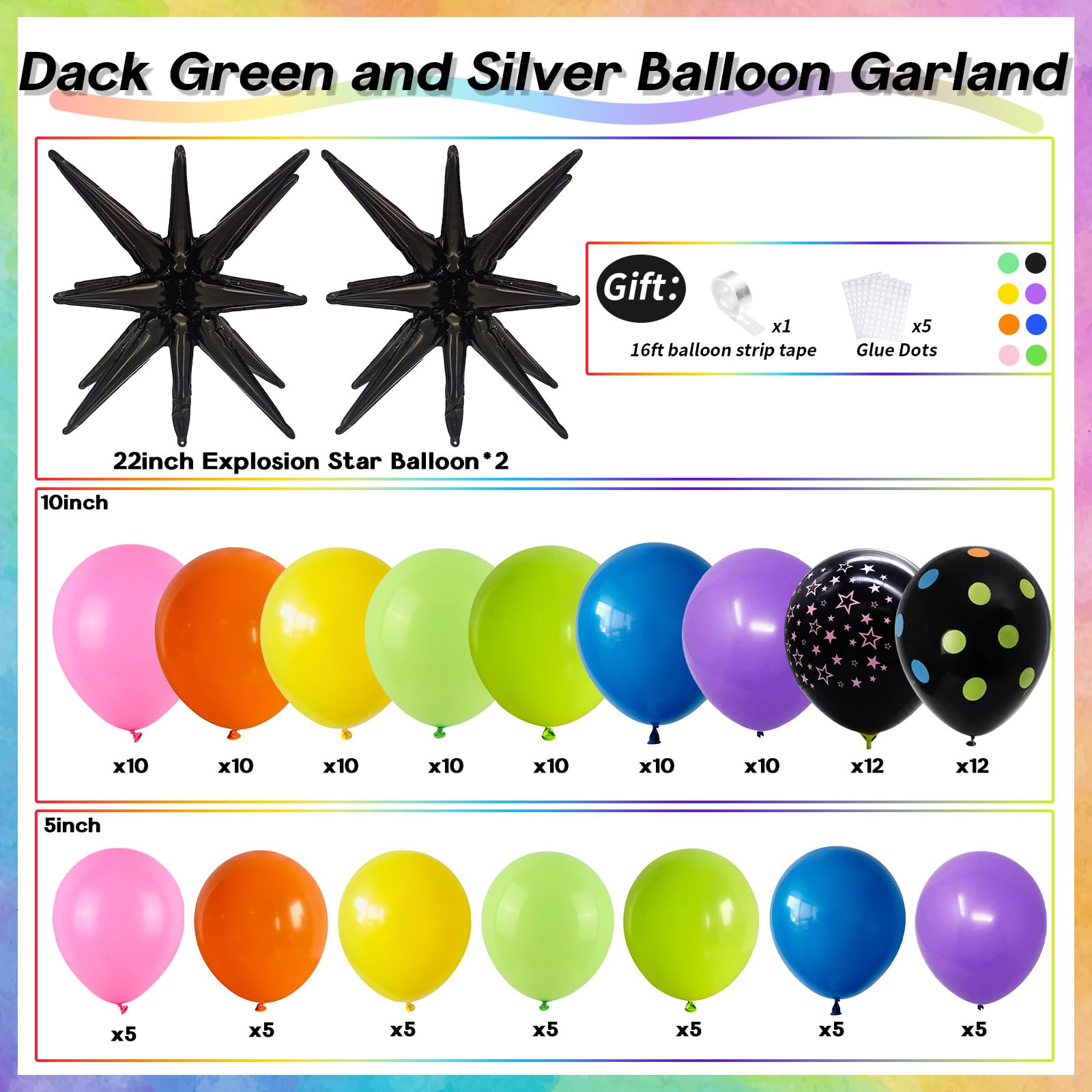 Paeyeq 137-Piece Rainbow Balloon Arch Kit with Glow-in-the-Dark Stars for Disco Parties