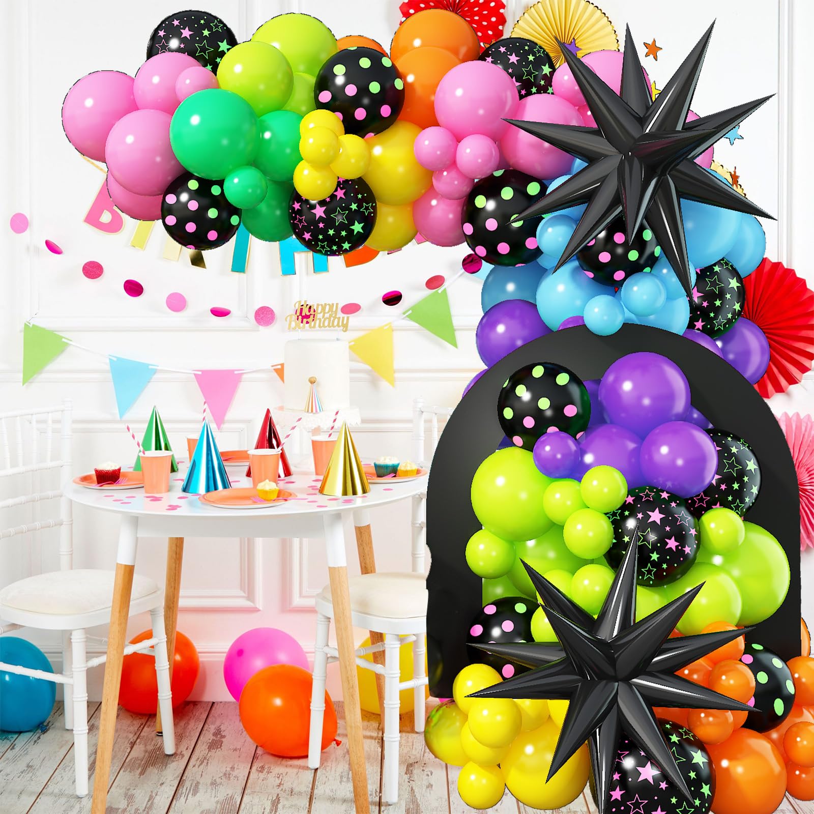 Paeyeq 137-Piece Rainbow Balloon Arch Kit with Glow-in-the-Dark Stars for Disco Parties