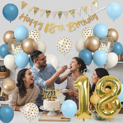 Paeyeq 18th Birthday Decorations Set – Dusty Blue, Cream & Gold Balloons, Banner, Cake Topper for Girls & Boys