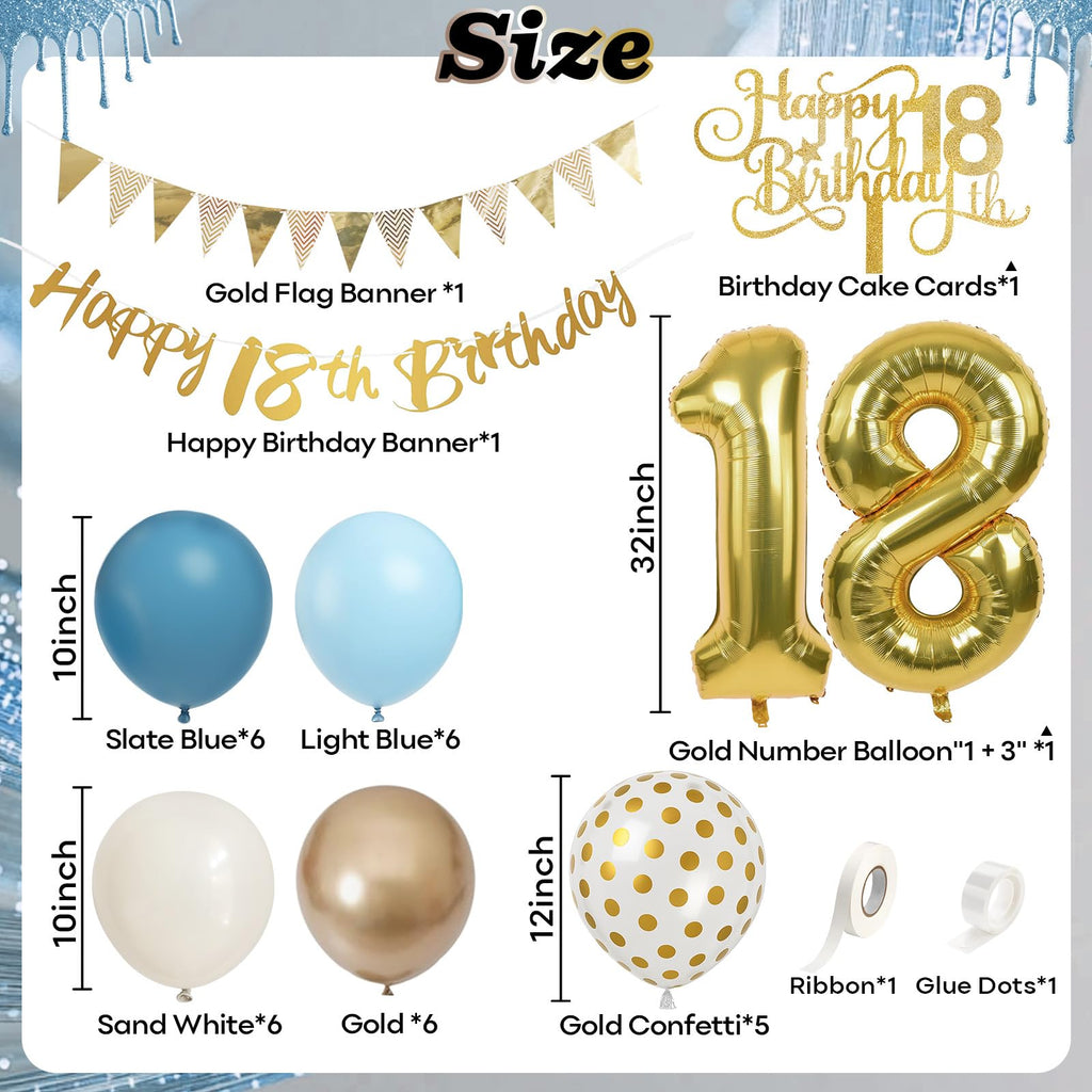 Paeyeq 18th Birthday Decorations Set – Dusty Blue, Cream & Gold Balloons, Banner, Cake Topper for Girls & Boys