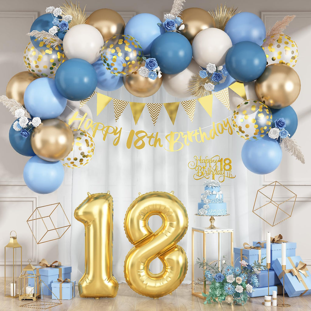 Paeyeq 18th Birthday Decorations Set – Dusty Blue, Cream & Gold Balloons, Banner, Cake Topper for Girls & Boys