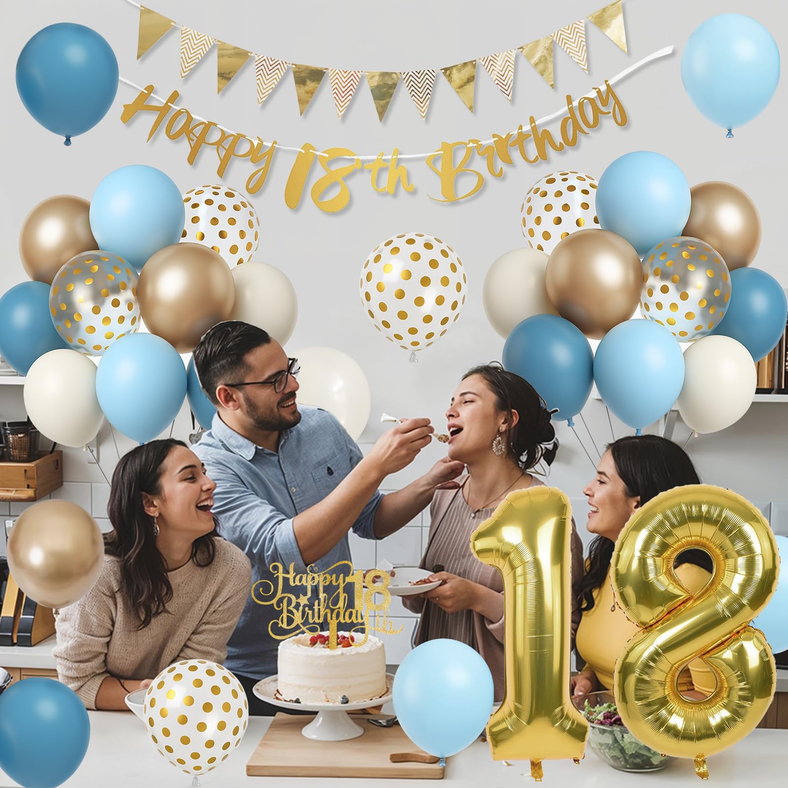 Paeyeq 18th Birthday Decorations Set – Dusty Blue, Cream & Gold Balloons, Banner, Cake Topper for Girls & Boys