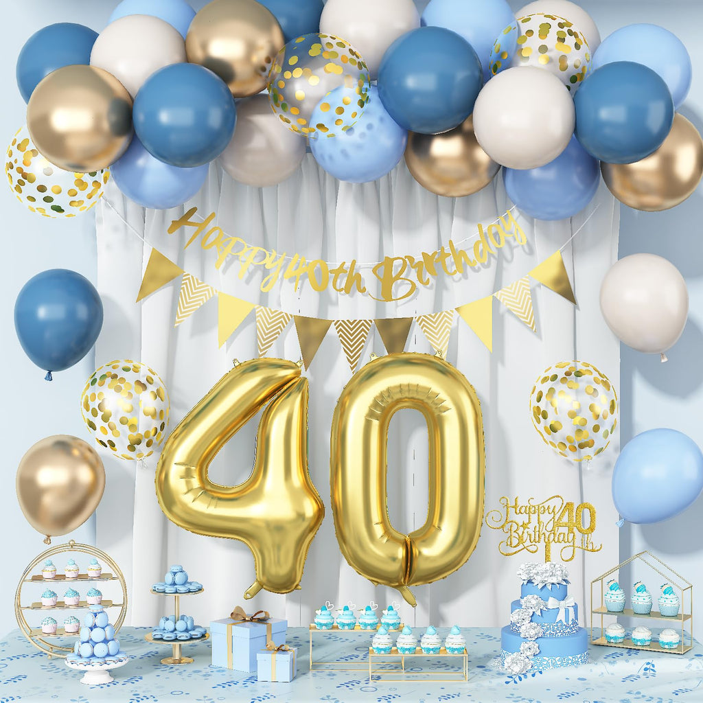 Paeyeq 40th Birthday Decorations Set - Dusty Blue Gold 40 Balloons, Bunting Banner & Cake Topper for Women Men