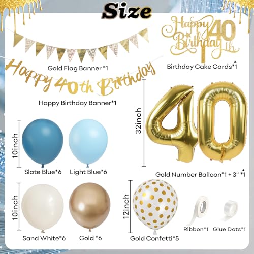 Paeyeq 40th Birthday Decorations Set - Dusty Blue Gold 40 Balloons, Bunting Banner & Cake Topper for Women Men
