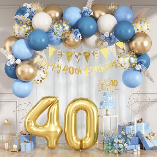 Paeyeq 40th Birthday Decorations Set - Dusty Blue Gold 40 Balloons, Bunting Banner & Cake Topper for Women Men