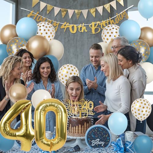 Paeyeq 40th Birthday Decorations Set - Dusty Blue Gold 40 Balloons, Bunting Banner & Cake Topper for Women Men