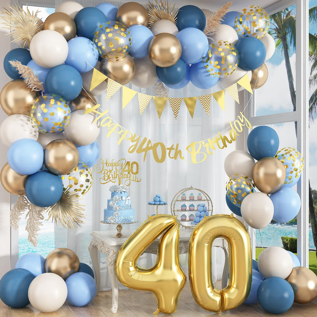 Paeyeq 40th Birthday Decorations Set - Dusty Blue Gold 40 Balloons, Bunting Banner & Cake Topper for Women Men