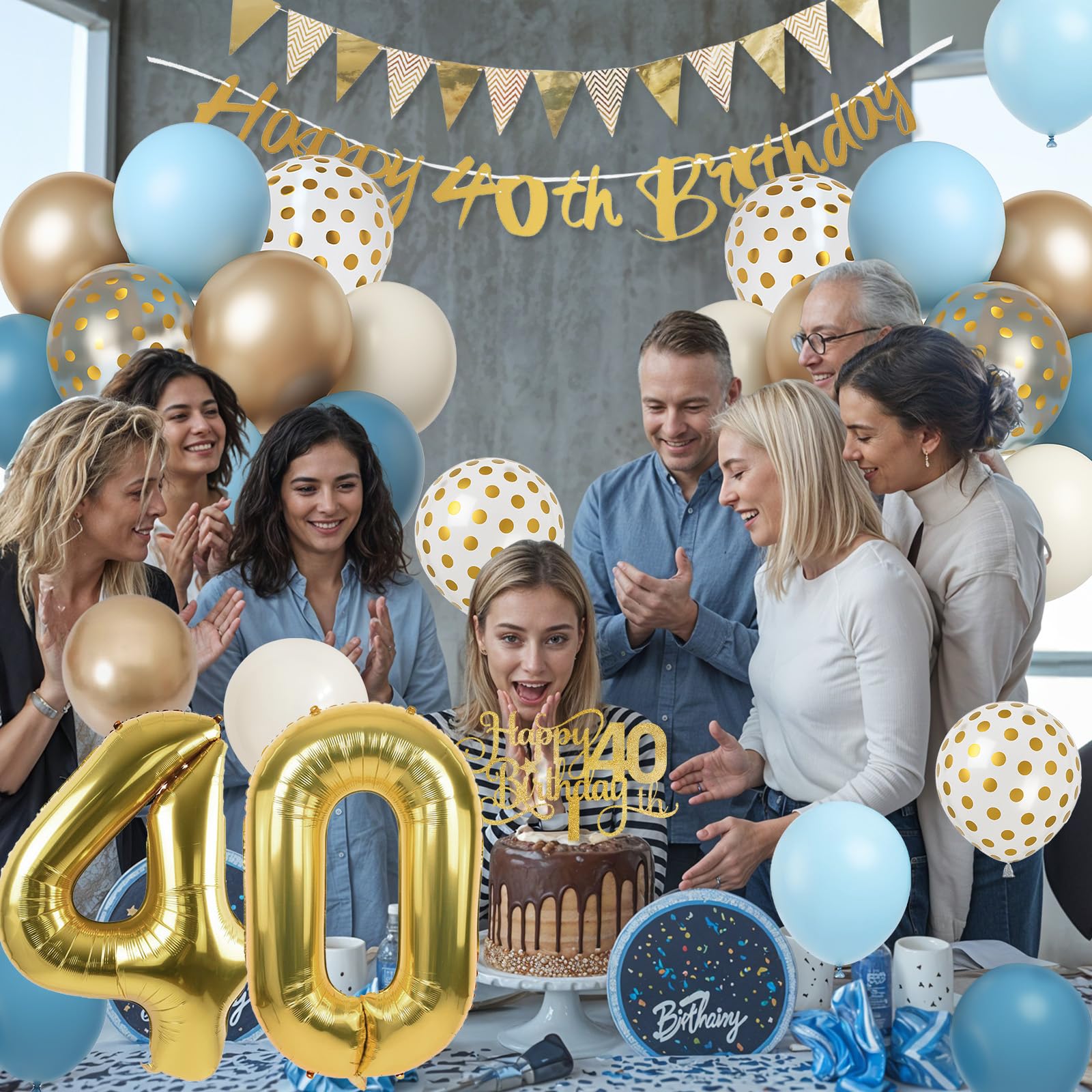 Paeyeq 40th Birthday Decorations Set - Dusty Blue Gold 40 Balloons, Bunting Banner & Cake Topper for Women Men