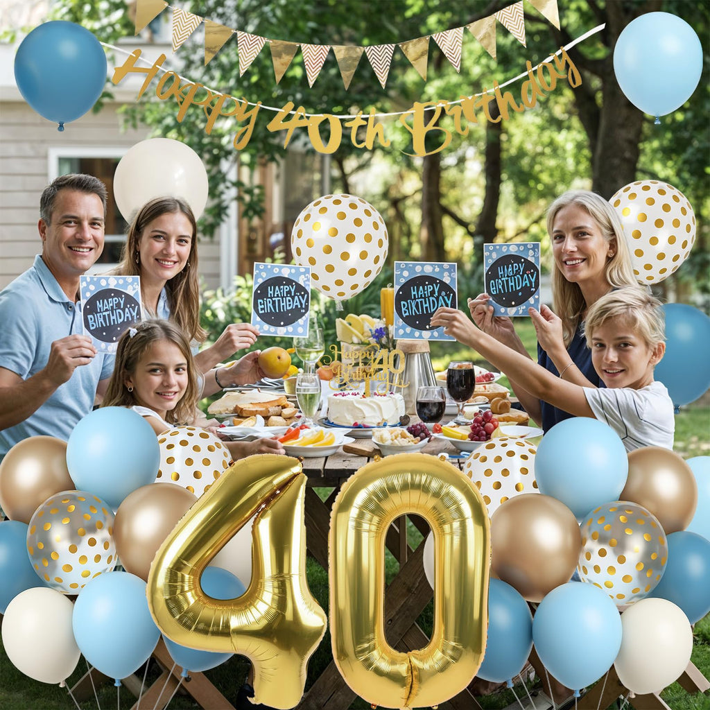 Paeyeq 40th Birthday Decorations Set - Dusty Blue Gold 40 Balloons, Bunting Banner & Cake Topper for Women Men
