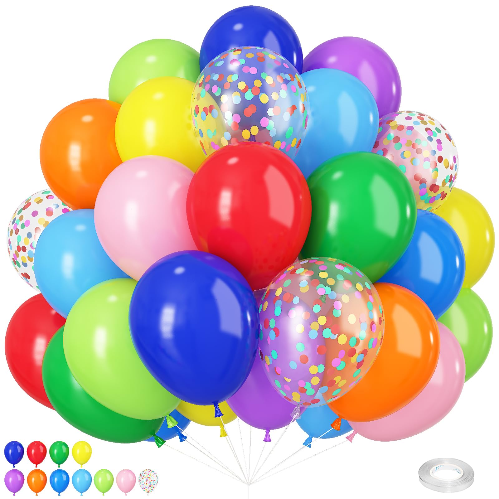 Paeyeq 55-Pack 12-Inch Rainbow Latex Balloons Set with Confetti – Assorted Colors for Parties