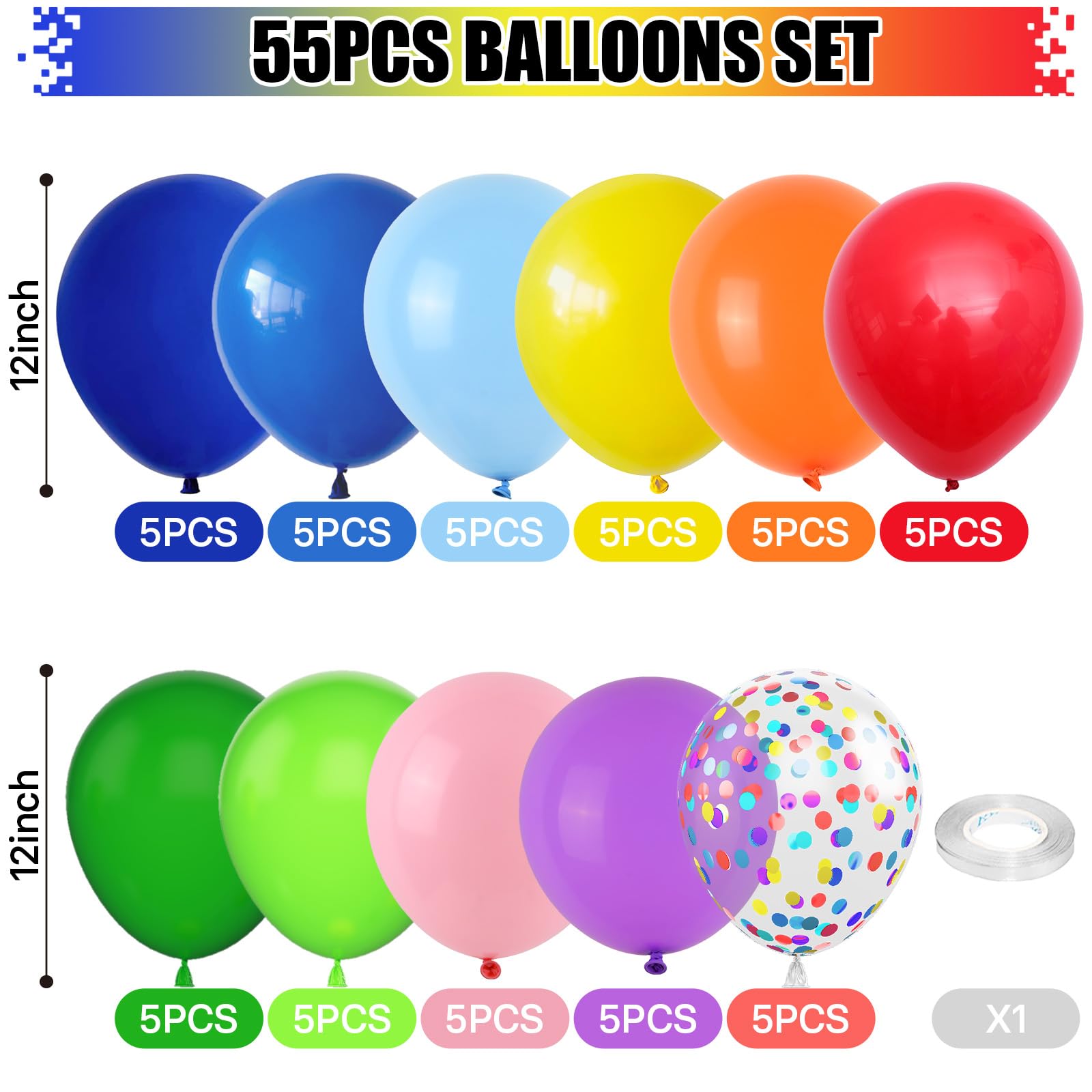 Paeyeq 55-Pack 12-Inch Rainbow Latex Balloons Set with Confetti – Assorted Colors for Parties