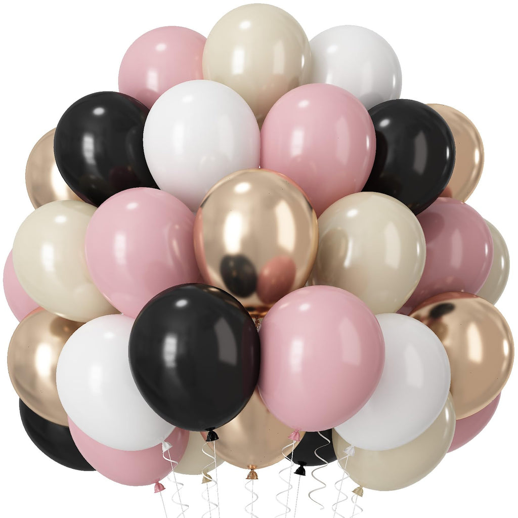 Paeyeq 60 Pcs Black and Pink Balloons Retro Dusty Pink Gold White Latex Party Balloon Kit with Metallic Champagne Gold
