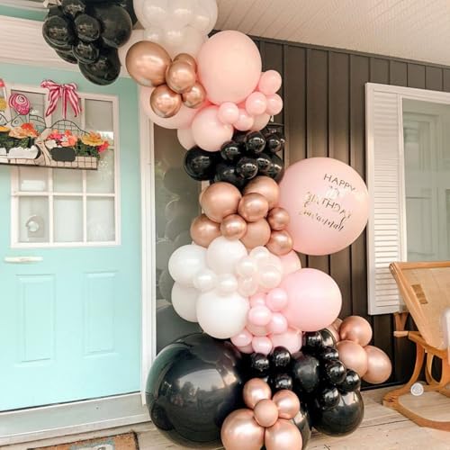 Paeyeq 60 Pcs Black and Pink Balloons Retro Dusty Pink Gold White Latex Party Balloon Kit with Metallic Champagne Gold