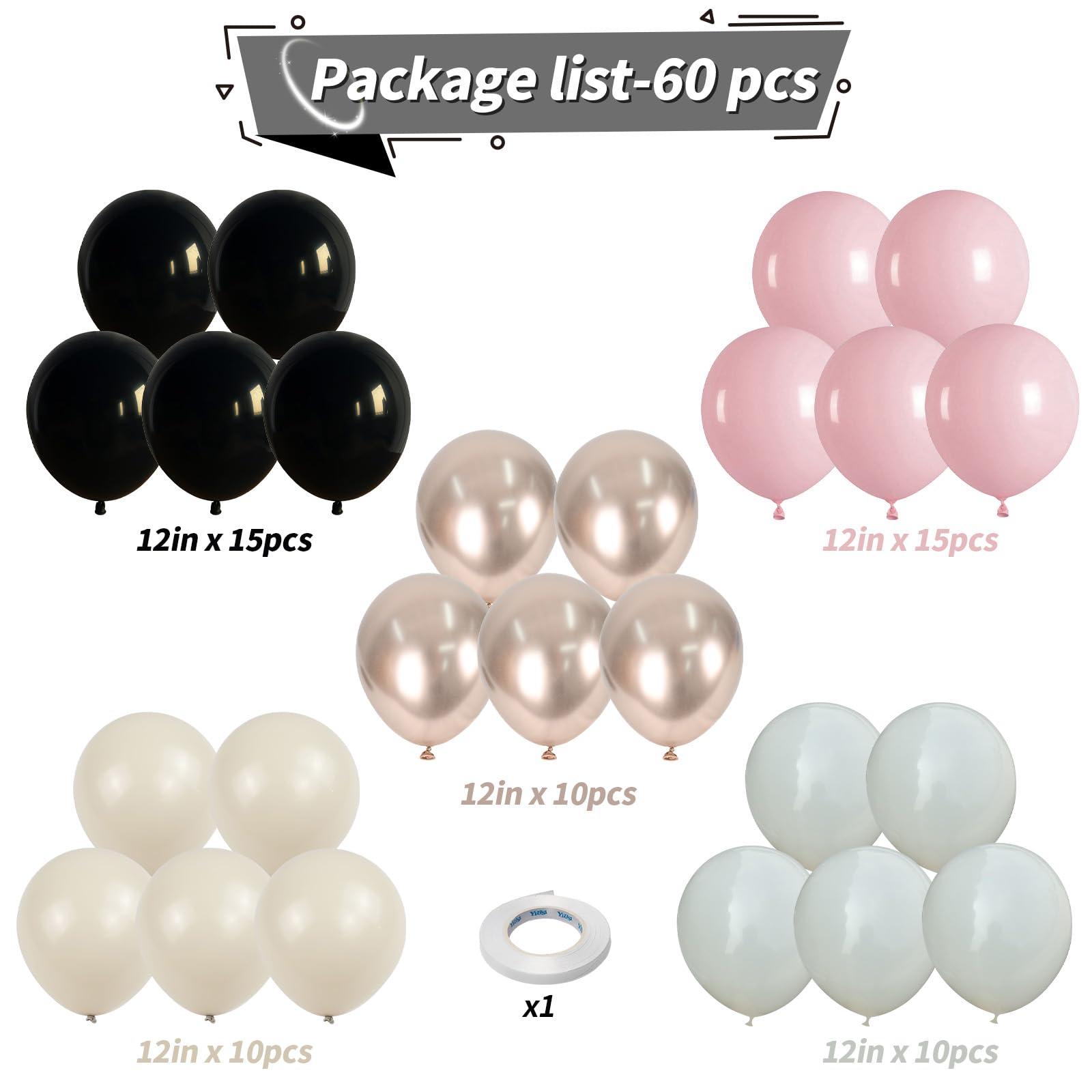Paeyeq 60 Pcs Black and Pink Balloons Retro Dusty Pink Gold White Latex Party Balloon Kit with Metallic Champagne Gold