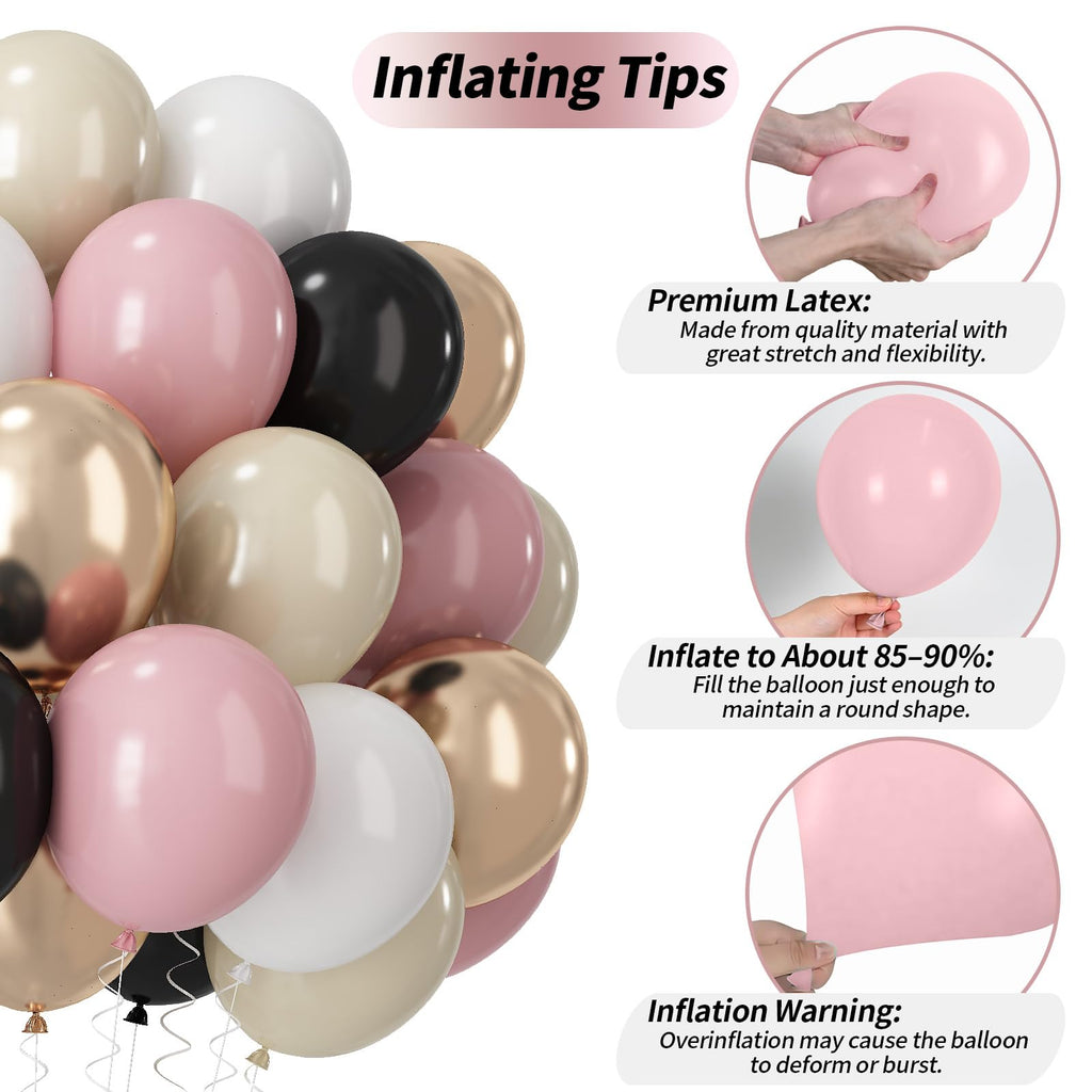 Paeyeq 60 Pcs Black and Pink Balloons Retro Dusty Pink Gold White Latex Party Balloon Kit with Metallic Champagne Gold