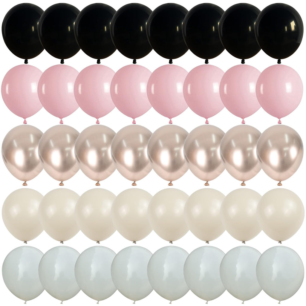 Paeyeq 60 Pcs Black and Pink Balloons Retro Dusty Pink Gold White Latex Party Balloon Kit with Metallic Champagne Gold